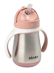 BEABA stainless steel straw sippy cup rose angled view shows spill-proof design for on the go