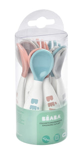 BEABA toddler cutlery round-soft-tip spoons for gentle gums and safe self-feeding.
