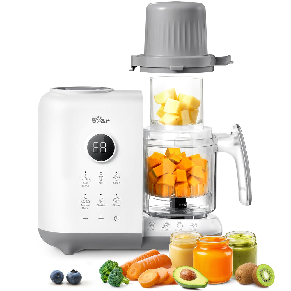 Bear baby food maker front view highlights compact all-in-one design for tidy kitchens.