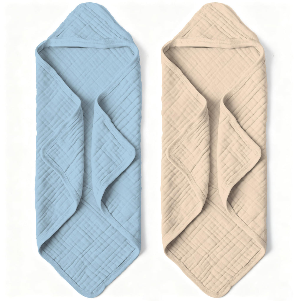 Bear Rocket hooded baby towel in brown-blue closeup reveals plush absorbent softness after bath.
