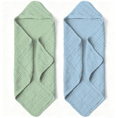 Bear Rocket Organic Muslin Hooded Baby Towel blue green close up showing ultra soft cotton for gentle drying