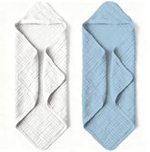 Bear Rocket organic muslin hooded towel grey-blue folded for easy bath-time prep