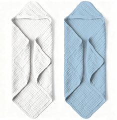 Bear Rocket organic muslin hooded towel grey-blue folded for easy bath-time prep