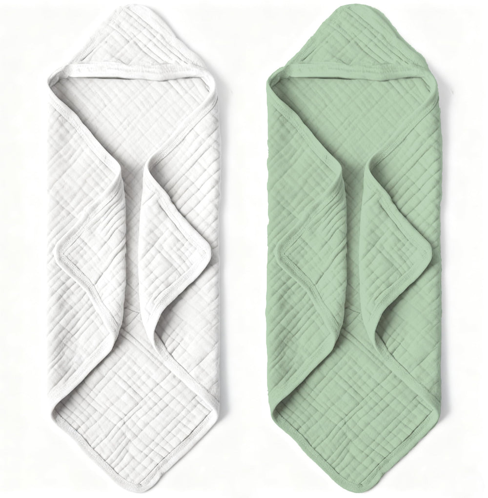 Bear Rocket organic muslin hooded baby towel pack drying scene for quick-dry after bath.