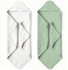 Bear Rocket organic muslin hooded baby towel pack drying scene for quick-dry after bath.