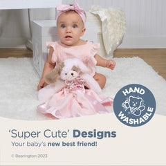 Bearington Wiggles Snuggler satin trim and bow detail highlights premium cuddles for newborns