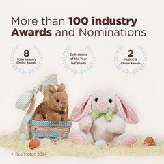 Bearington Bunny Snuggler embroidered eyes provide a friendly, safe gaze for babies.
