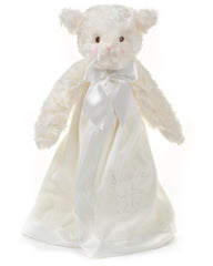 Bearington Collection lamb plush lovey 15in with satin trim ready for comforting cuddles