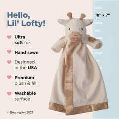 Bearington Collection Lil' Lofty giraffe lovey stuffed toy with secure snuggle appeal.