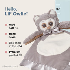 Bearington Lil' Owlie Owl Lovey plush body detail adds cozy texture for cuddles.