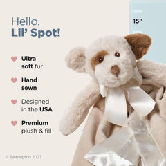 Bearington Lil' Spot puppy head design with embroidered eyes encourages nap-time comfort.