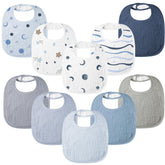 Bearmoss baby bib blue print pack shows colorful absorbent bibs for drool control.