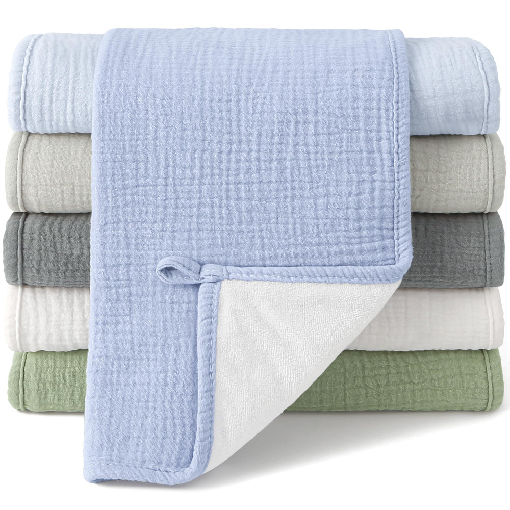 Bearmoss muslin burp cloths 6-pack flat lay—soft and absorbent for quick cleanups.