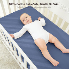 Bearmoss muslin crib sheets 52x28 on mattress showing snug fit and secure elastic