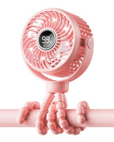 Bearwind Mini Portable Stroller Fan pink front view delivers gentle cooling during outings.