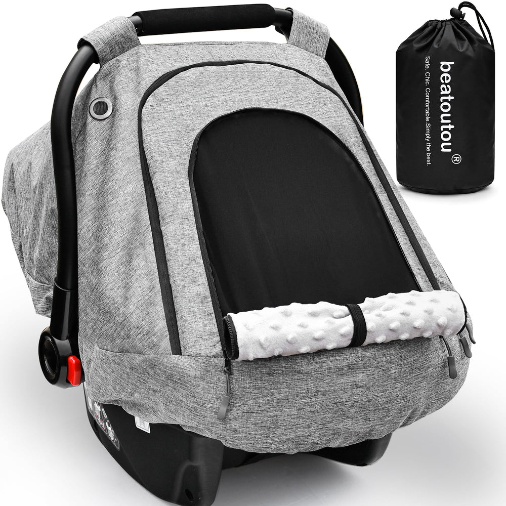 Beatoutou baby car seat cover in waterproof fabric shields against rain and wind.