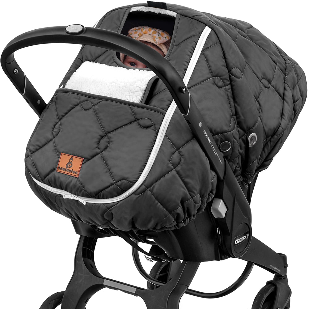 Beatoutou winter car seat cover shows Doona-fit design for quick on/off use.