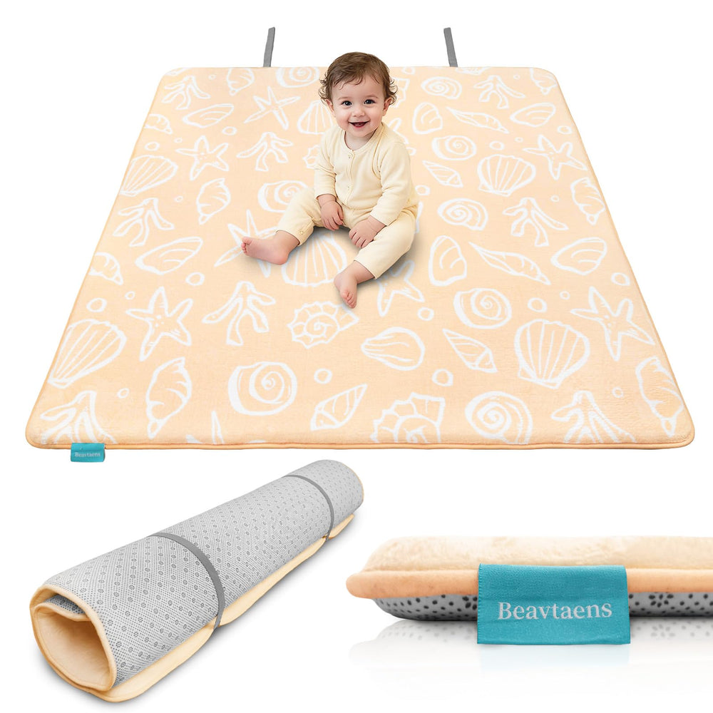 Beavtaens Ultra Thick Flannel Play Mat folding strap demonstrates easy storage and portability.