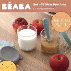 Béaba heat resistant glass jar demonstrates microwave and freezer compatibility.