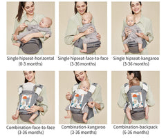 Bebamour baby carrier hip seat detail highlights ergonomic support for growing infants.