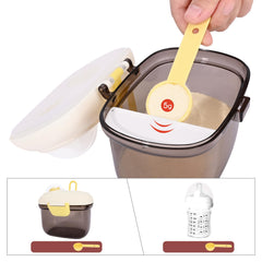 Bebamour dispenser with scoop inside highlights convenient powder measurement.