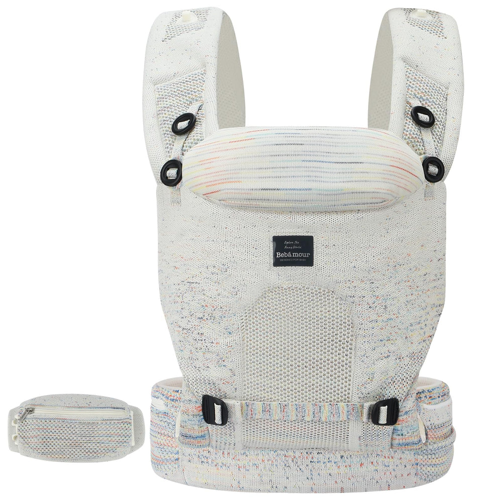 Bebamour Knit Baby Carrier front carry in cream demonstrates breathable knit for all-day comfort.