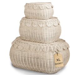 BEBE BASK Fauna XL scalloped-lid basket for blankets and storage.