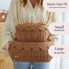 BEBE BASK Large scalloped basket ready for bathroom towels and essentials.