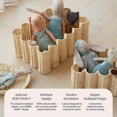 BEBE BASK scalloped edge lid baskets pair highlights elegant nursery storage surfaces.