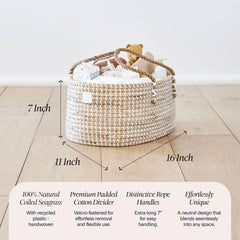 BEBE BASK diaper caddy rope-handles demonstrate portable design for room-to-room organization