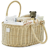 BEBE BASK Savannah rattan diaper caddy close-up shows natural weave for stylish nursery organization.