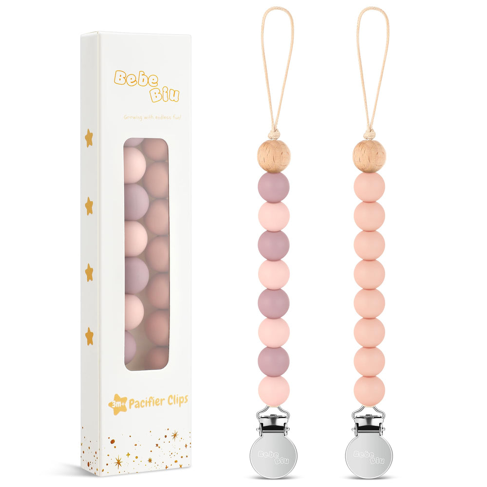 BebeBiu pacifier clip mauve pack view keeps pacifier handy on baby’s clothing