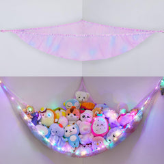 BeBeJoJo stuffed animals storage hammock in light pink displayed in a corner for space saving