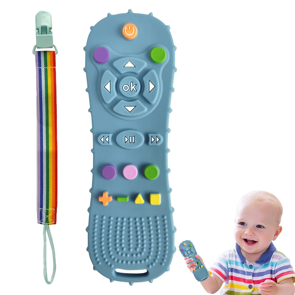 BEBECAN teether remote blue front view, soothing silicone chew for infant teething comfort.