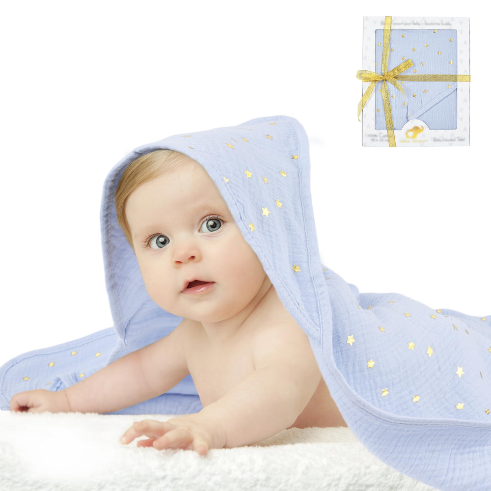 BEBE FAVOUR hooded towel blue star pattern dries baby after bath.
