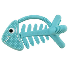 Bebe Mondo fish turquoise head texture teether promotes gentle gum massage.