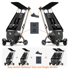 Beberoad Love R1 ultra-light frame highlights 23.5-pound twin stroller for easy handling.
