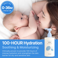 BEBESUP Daily Hydration Baby Lotion packaging highlights 100-hour hydration and ceramide-rich rice formula.