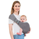 bebless baby carrier front view in dark grey showcasing ergonomic support for caregivers.