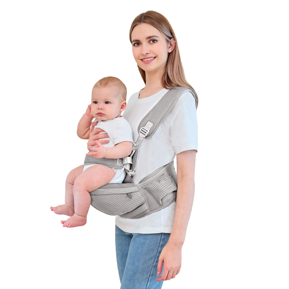 bebless Baby Hip Carrier light grey hip seat provides ergonomic support for outings