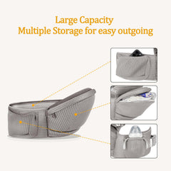 bebless Baby Hip Carrier features two side pockets and a large zippered pocket for essentials