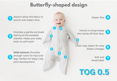 bebon Transition Swaddle CozyGrey small 4-8 month baby wrapped illustrating secure, flexible transition.