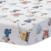 Bedtime Originals Construction Zone sheet with white trucks for playful bedtimes.