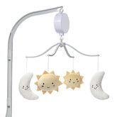Bedtime Originals Little Star mobile moons and suns rotate to aid visual tracking and calm bedtime moments.