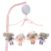 Bedtime Originals Tiny Dancer mobile with pink elephants and bunnies for visual tracking and soothing melodies