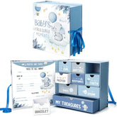 Beeveer Baby Keepsake Box front view with blue elephant design preserves newborn memories.
