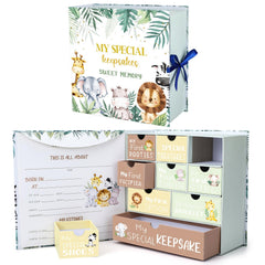 Beeveer baby keepsake box with jungle animals compartments for newborn memories and organized mementos.