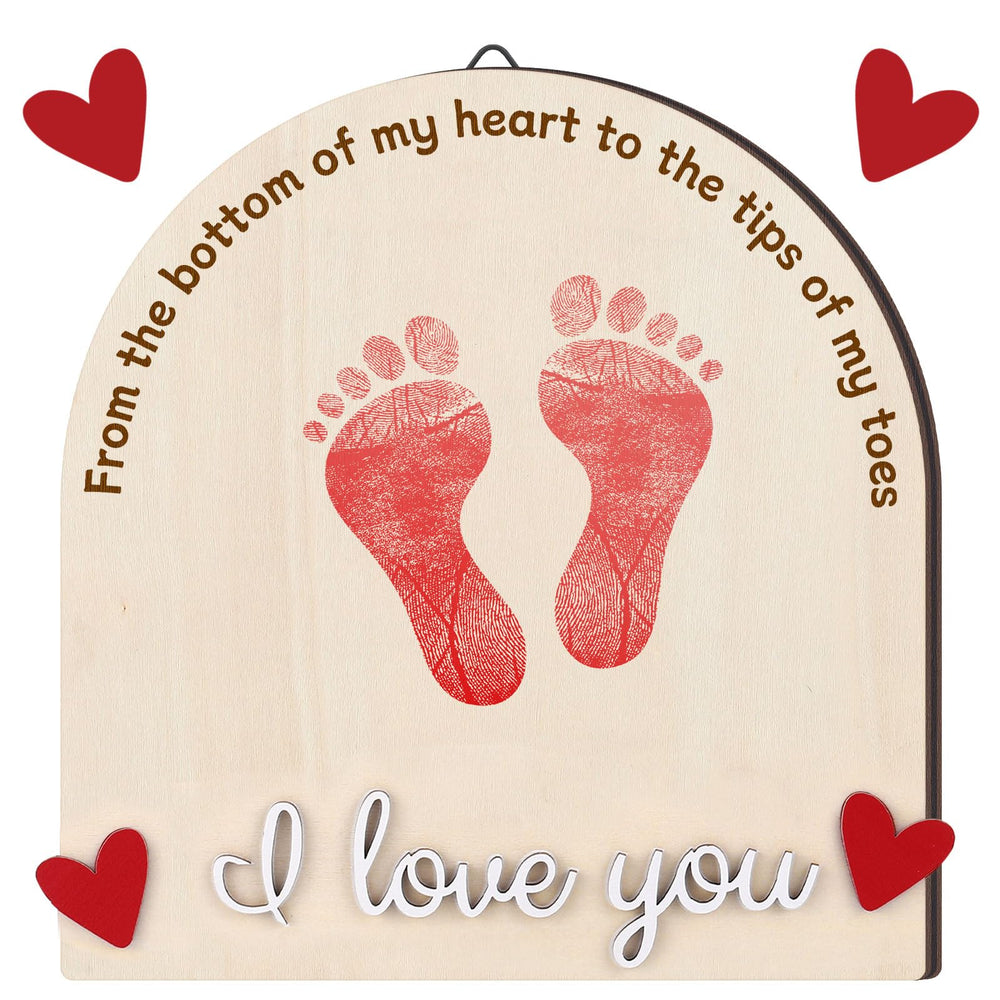 Beeveer Valentine's Heart Footprint Art Sign closeup showing laser-engraved keepsake design for photo props.