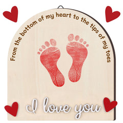 Beeveer Valentine's Heart Footprint Art Sign closeup showing laser-engraved keepsake design for photo props.