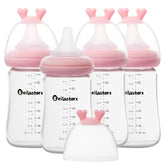 Beilastarx glass baby bottle closeup shows soft silicone nipple for natural feeding
